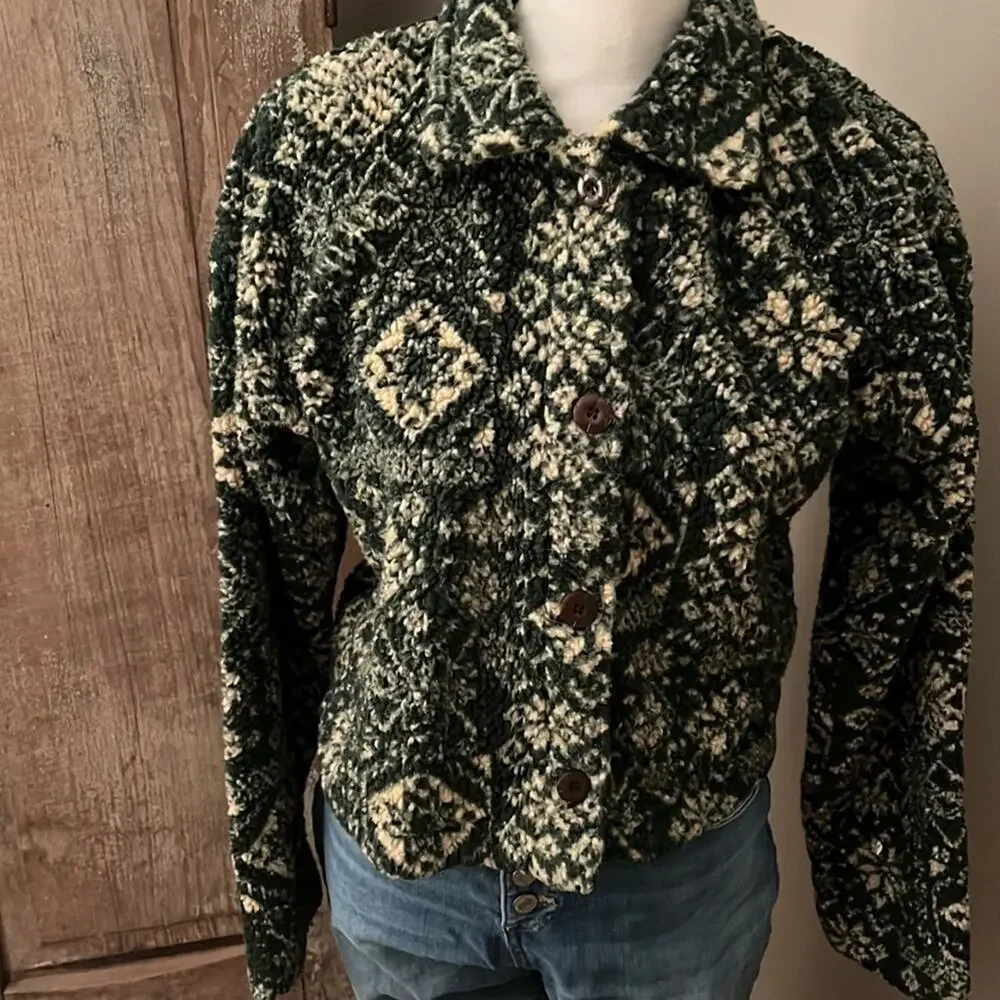 Vintage 90's Fleece Green Snowflake Arctic Sweater Jacket-Medium